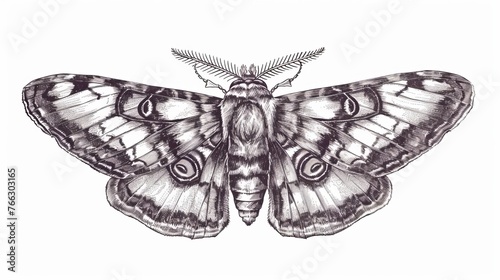 Moth, a flying insect sketch in old retro handdrawn style. Hand-drawn etched modern graphic illustration isolated on white. photo