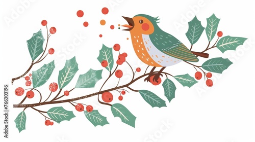 This is a holiday sticker design for the winter holidays. A cute bird sings on a branch of berries and mistletoe in a festive decor composition. Isolated on white ground, this is a flat modern