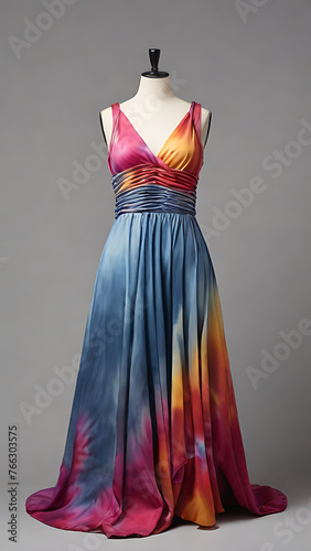 Tie-Dye Maxi Dress on Mannequin, Grey Background, Vertical Aspect