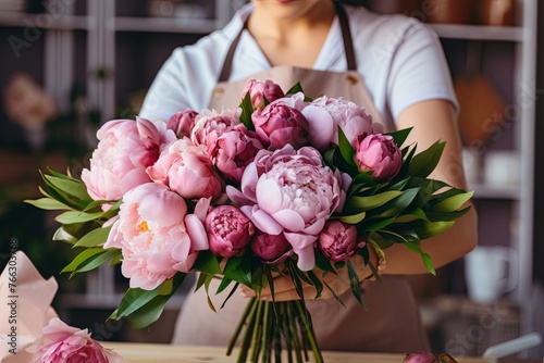 Woman creatively arranging pink hybrid tea roses in a vase