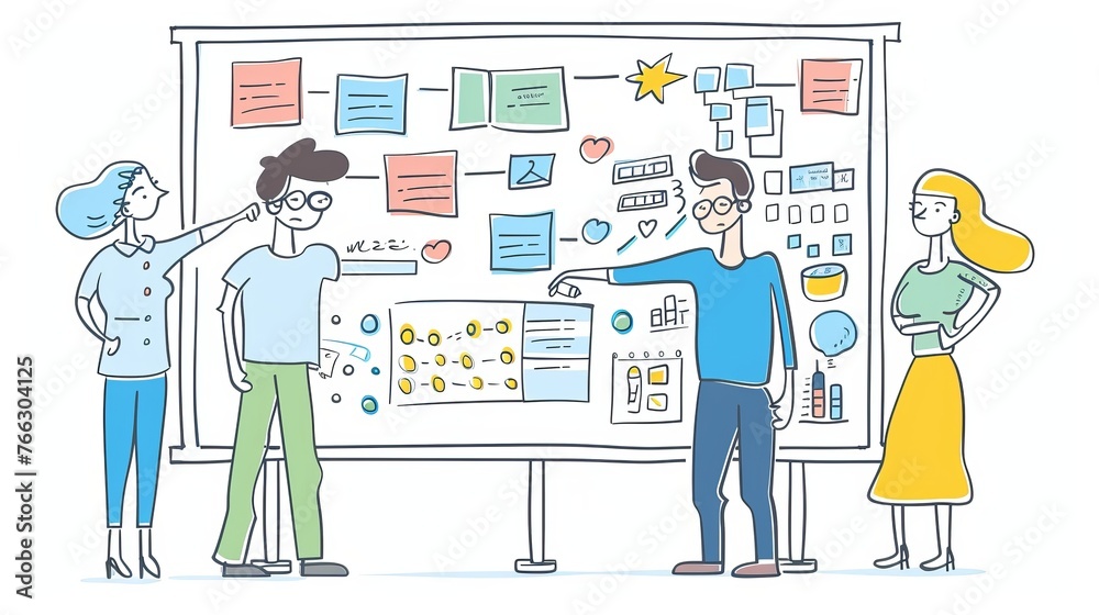 Plans are being made around a large schedule board by team members of the office. This is a modern illustration in flat design style.