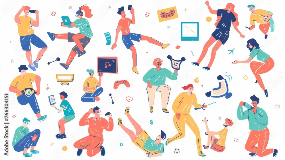 In this flat design style modern illustration, players hold various devices and pose in various positions.