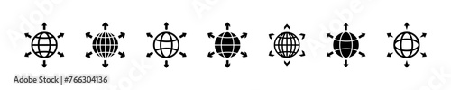 Set of world expansion vector icons. Globe with arrows. Worldwide international transfer or export. Vector 10 Eps.