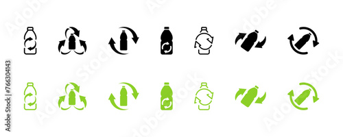 Set of refresh plastic bottle vector icons. Reduce plastic garbage. Reuse waste. Vector 10 Eps.