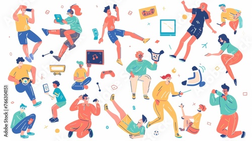 In this flat design style modern illustration  players hold various devices and pose in various positions.