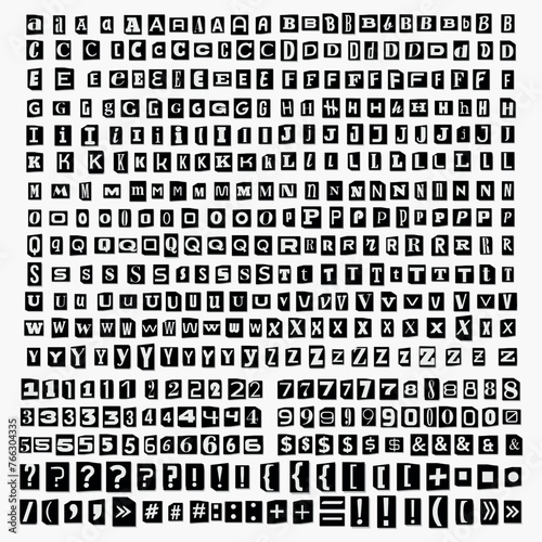 Black and white Cut out ransom letters collage vector alphabet blackmail Note Font. Paper Blackmail Kidnapper Anonymous Letters, Numbers and punctuation marks Criminal ransom letters. Compose your own photo