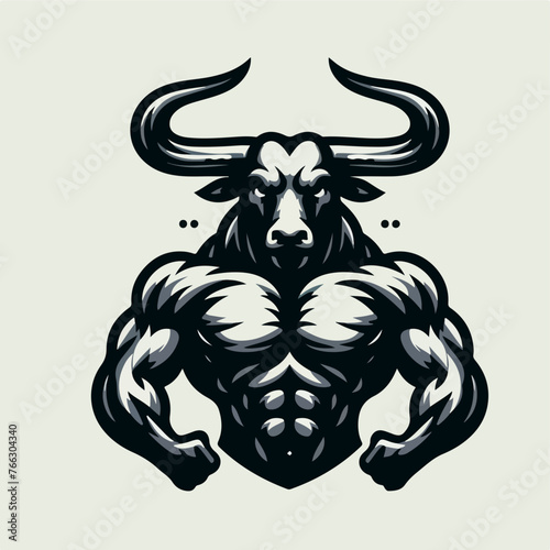 Isolated vector illustration. Fantastic mythological creature. Ancient Greek monster Minotaur. Half man half bull. Black and white linear silhouette.