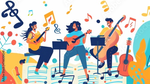 The illustration features people sitting on sheet music and playing music instruments. This is a flat, minimal modern design style. photo