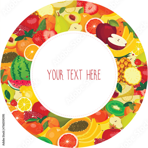 Round frame of fruits and berries on white background. Vector image