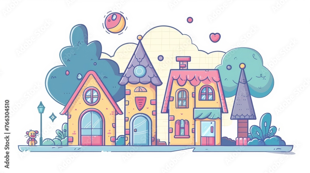 This modern graphic illustration shows a cute little toy town home with a small building. This modern graphic illustration shows a cute little toy town home with a small building.