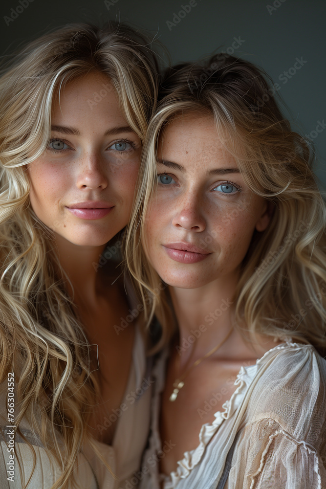 Two beautiful young women posing for a picture, sisters vertical Two beautiful young women posing for a picture, sisters vertical