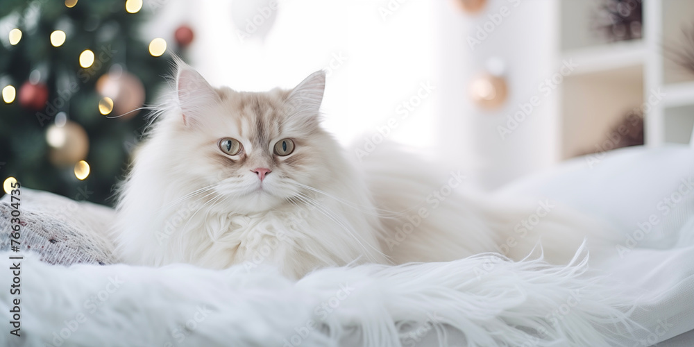 Cat on Christmas bed background. Happy new year backdrop. Celebrating winter holidays card.