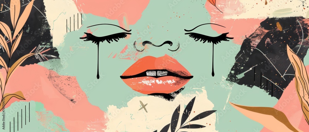 Modern collage grunge banner with lips and eyes parted, crown above them. 50 percent off. Retro poster design with doodle elements. - obrazy, fototapety, plakaty 