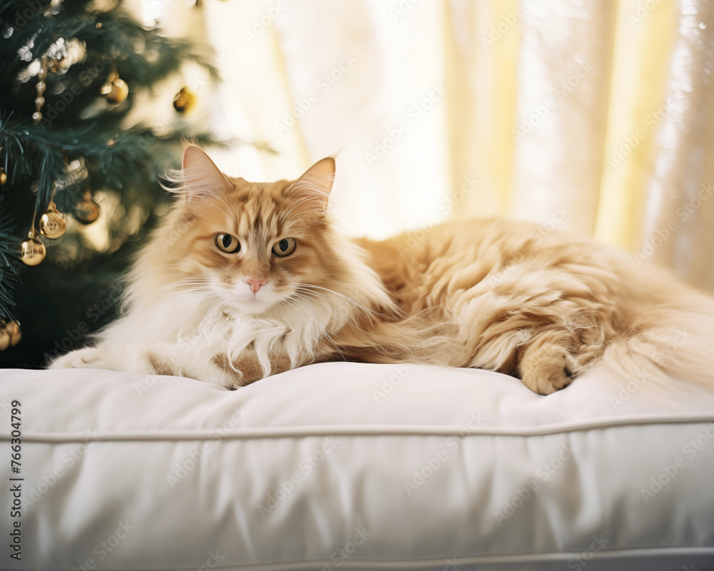 Cat on Christmas bed background. Happy new year backdrop. Celebrating winter holidays card. Cat on Christmas bed background. Happy new year backdrop. Celebrating winter holidays card.