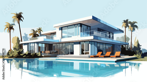 Rendering illustration of modern house and swimming © RedFish