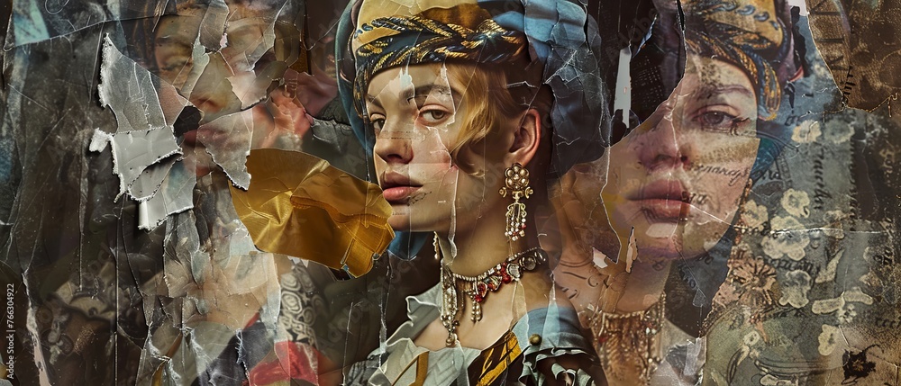 An example of a creative collage depicting medieval women as royalty persons from famous works of art dressed in vintage clothing on a dark background. Two epochs are compared, modernity and - obrazy, fototapety, plakaty 