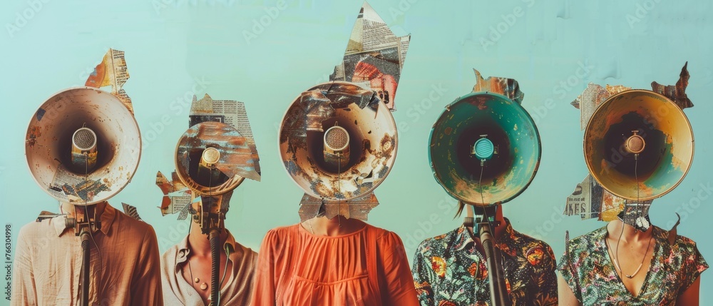 A group of people holding megaphones instead of their heads. Contemporary art collage. Ideas, imagination, art, surrealism. Concept of social issues, propaganda, mental health. Information broadcast. - obrazy, fototapety, plakaty 