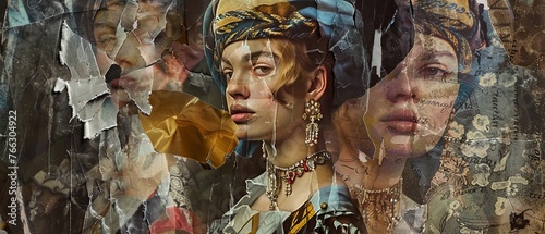 An example of a creative collage depicting medieval women as royalty persons from famous works of art dressed in vintage clothing on a dark background. Two epochs are compared, modernity and photo