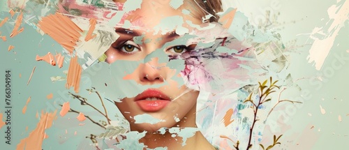 Portrait of a young woman composed of pieces of faces, a collage of modern art. A new point of view on beauty and fashion, make up, hairstyles. Modern style, contemporary perception of emotions,
