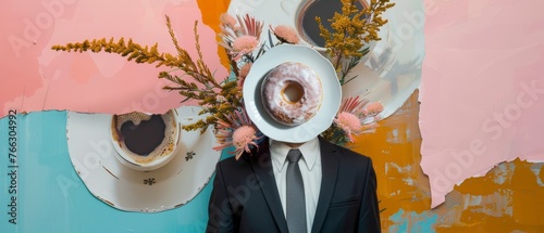 The power of coffee in the morning. Man in business suit with glazed donut instead of head. Modern design, contemporary artwork collage, idea, ad, stylish urban magazine style. Goodie, sweets. photo