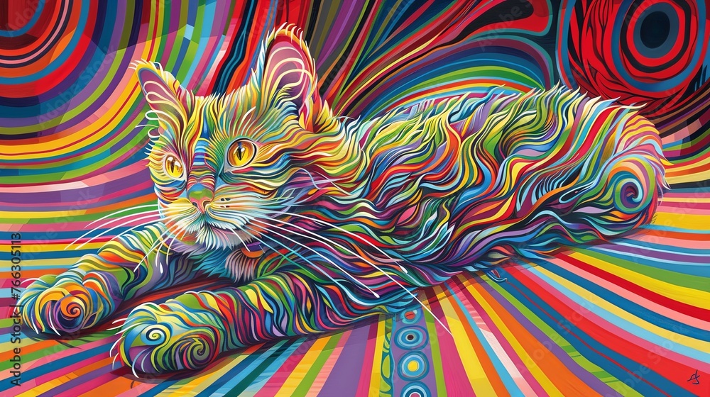 Colorful Striped Cat on Abstract Background
