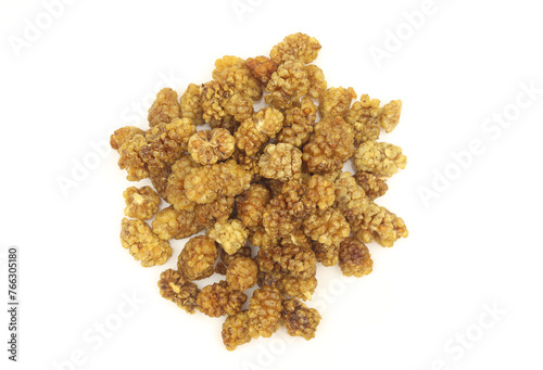 Pile of dry white mulberry fruit isolated on white backgorund
