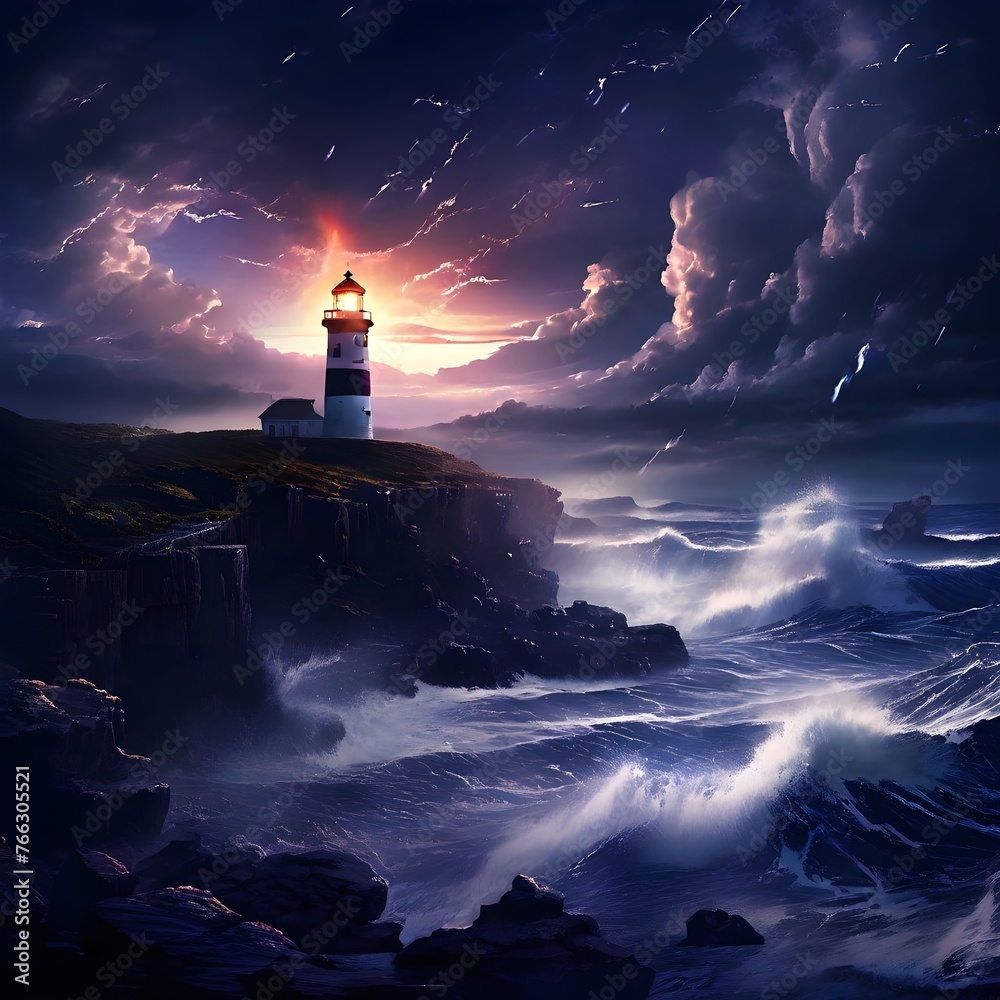 A lighthouse on top of the rock hill, big tidal wave, storm and lightning