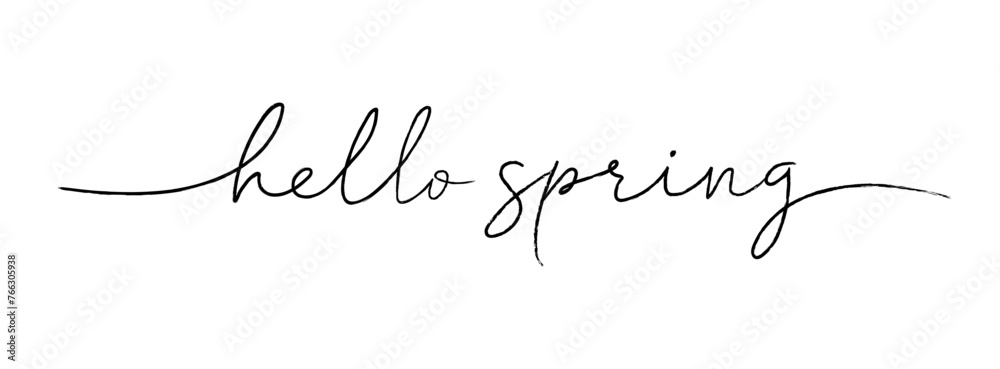 Hello spring calligraphy and brush pen lettering. Hand drawn holiday ink illustration. Isolated on white. Design for greeting card text, invitation, poster. Modern style typography background. - obrazy, fototapety, plakaty 