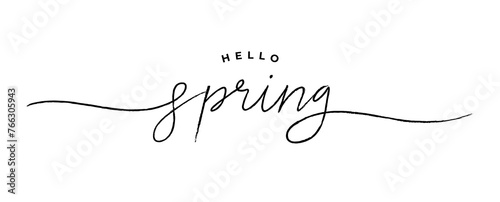 Hello spring calligraphy and brush pen lettering. Hand drawn holiday ink illustration. Isolated on white. Design for greeting card text, invitation, poster. Modern style typography background. photo