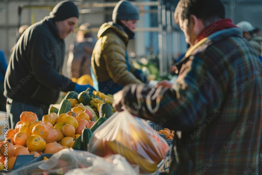 Group of people volunteering at a local food bank. They sort and distribute food items to refugees, homeless individuals, and underprivileged, demonstrating solidarity and care for those in need. Group of people volunteering at a local food bank. They sort and distribute food items to refugees, homeless individuals, and underprivileged, demonstrating solidarity and care for those in need.