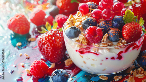 Yogurt with granola closeup probioticrich breakfast Stylish in the style of vibrant dot Digital art photo