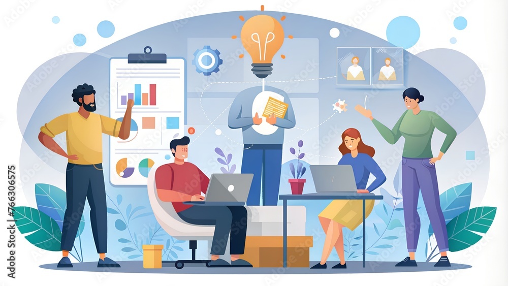 Creative team brainstorming in modern office - An illustration of a diverse team of professionals working on a project with various business analytics in the background