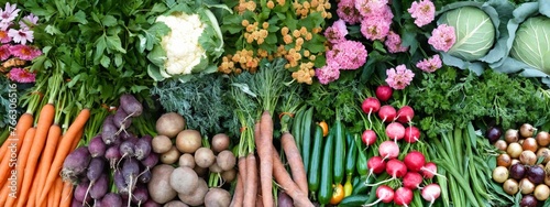 Farmer's market with organic vegetables, fruits and flowers. Lifestyle. The concept of farming. For banners, posters, advertisements, wallpapers, postcards