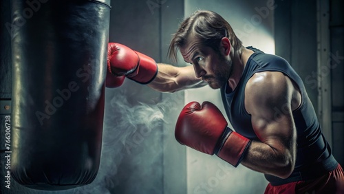 Focused boxer training with punching bag in gym - Image of a male boxer delivering a strong punch to a heavy bag in a gym, conveying dedication and strength