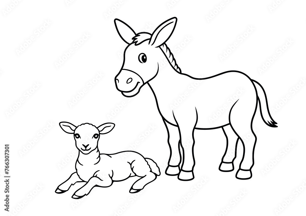 Lamm und Eseln - Ausmalbild für Kinder zu Ostern und Palmsonntag - Kindergarten