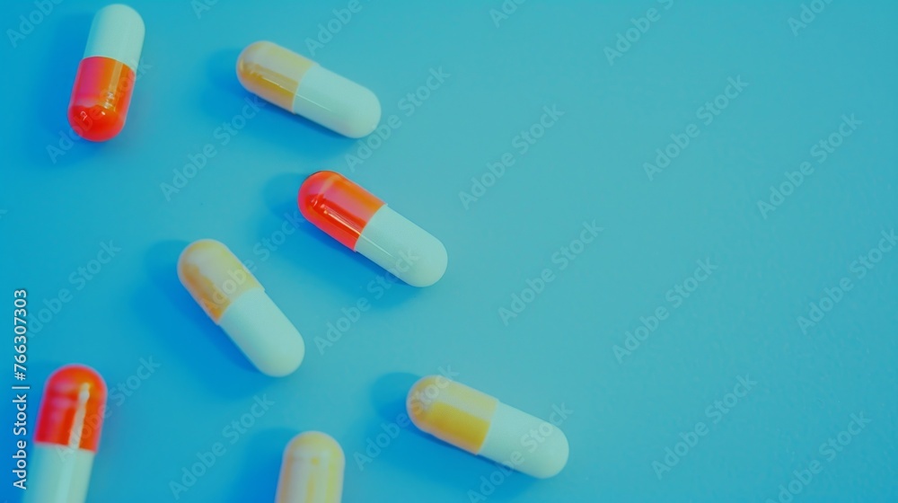 Assorted Capsules on Bright Blue Background Assorted Capsules on Bright Blue Background