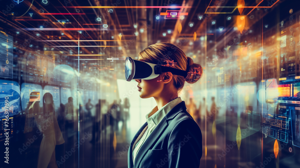 Businesswoman using VR goggles while working in office, explores the digital metaverse, blending technology with business. Smart technology metaverse future goggle device	