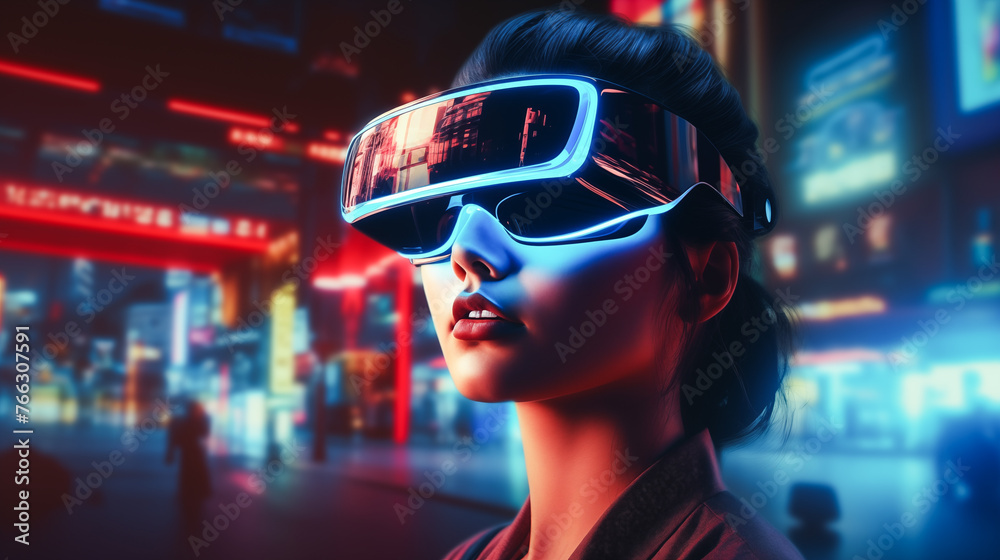 Businesswoman using VR goggles while working in office, explores the digital metaverse, blending technology with business. Smart technology metaverse future goggle device Businesswoman using VR goggles while working in office, explores the digital metaverse, blending technology with business. Smart technology metaverse future goggle device