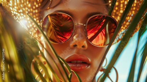Preciosa modelo con gafas de sol de alta gama, alta costura, toma de gran angular, entorno tropical photo