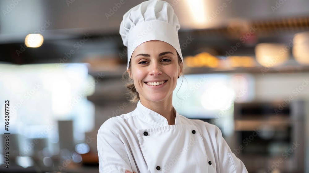 Smiling Professional Female Chef in Kitchen Smiling Professional Female Chef in Kitchen