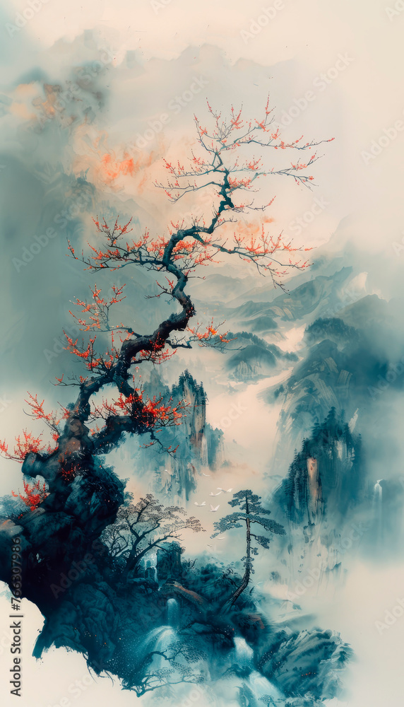 Japan art illustration. Sakura blooming. AI generative Japan art illustration. Sakura blooming. AI generative