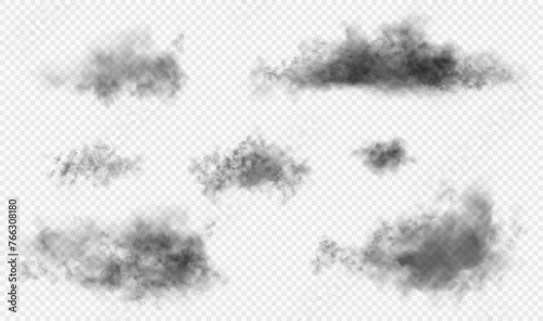Set of the 7 dark gloomy vector realistic clouds isolated on white semi transparent background. Black smoke from fire or conflagration. Else useful for halloween or another fearfull theme photo