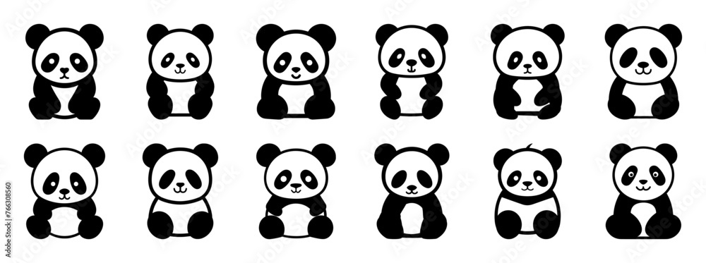 Panda silhouettes set, large pack of vector silhouette design, isolated white background.