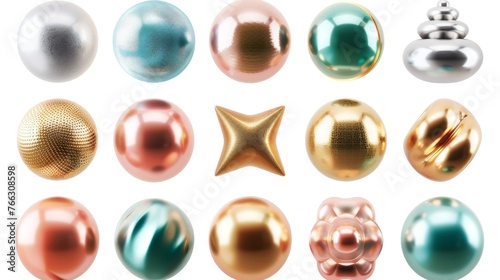 Spheres, torus, tubes, cones and other geometric shapes in rose, blue, green and gold metallic colors for trendy projects.