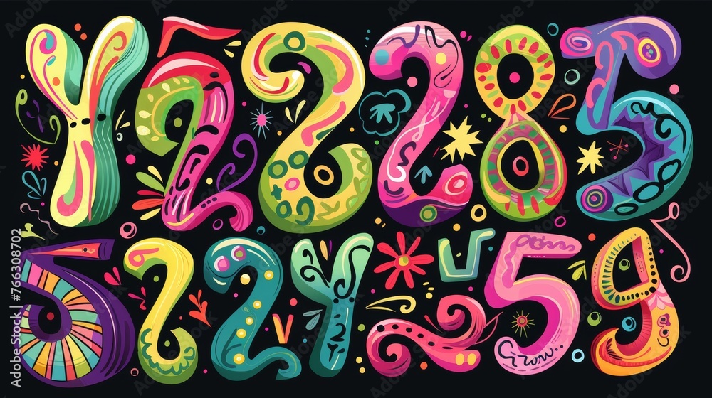 Letters and numbers in Y2K style. Vintage psychedelic 1960s hippie boho font alphabet. Elements for social media, web design, posters, collages, clothing, music albums.