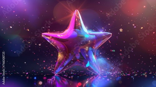3D hologram falling or flying star isolated on dark background. Render 3D cyber chrome galaxy shooting star emoji with blings and sparks. 3D modern illustration.