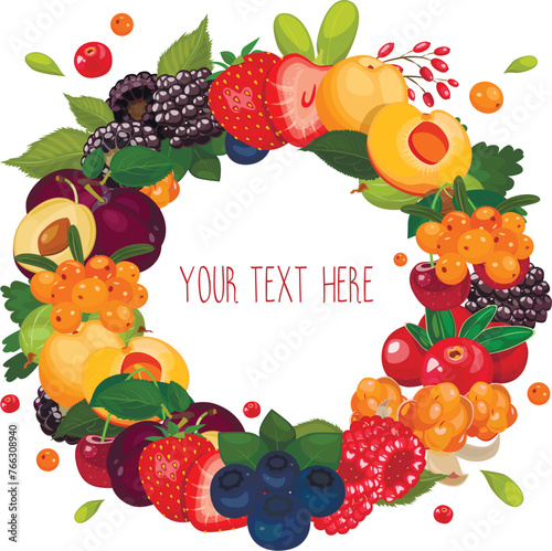 Round frame of fruits and berries on white background. Vector image