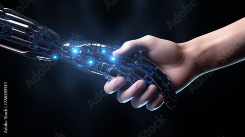 Black Robot hand shaking hands with human hand on black background
