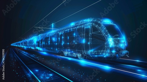 Abstract polygonal 3d wireframe of modern train at railway station or metro. Digital vector mesh looks like starry sky. Rapid transit system, transportation, railway logistics concept in dark blue