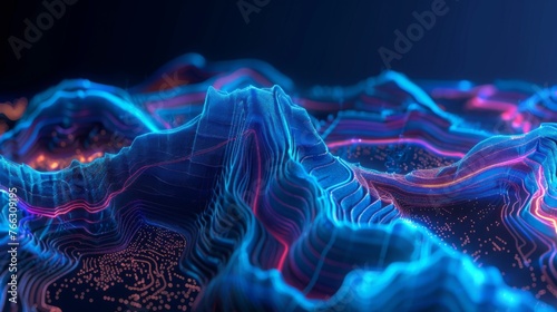 3D Topographic map background concept. Topo contour map. Rendering abstract illustration. Valleys and mountains. Geography concept. Wavy backdrop. Space surface. magic blue neon light curved lines